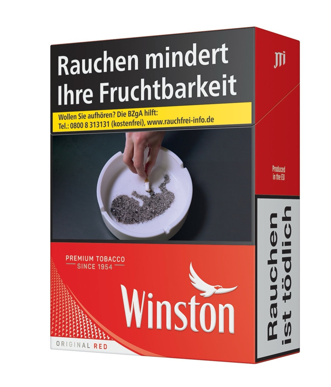 Winston Red Zigarettenschachtel, leicht seitlich fotografiert, 26 Stück