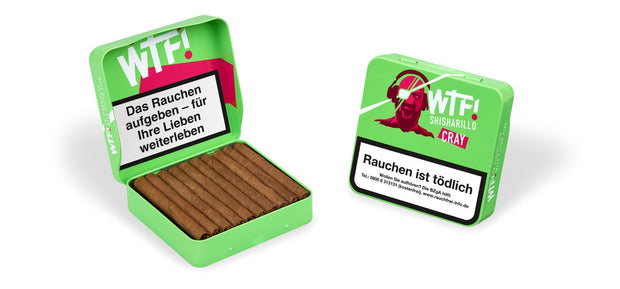 Zwei WTF! Shisharillo Cray 20er Boxen, eine geschlossen stehend, eine geöffnet liegend mit Zigarillos sichtbar