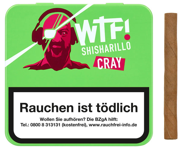 Geschlossene WTF! Shisharillo Cray 20er Box in Grün mit einem einzelnen Shisharillo daneben