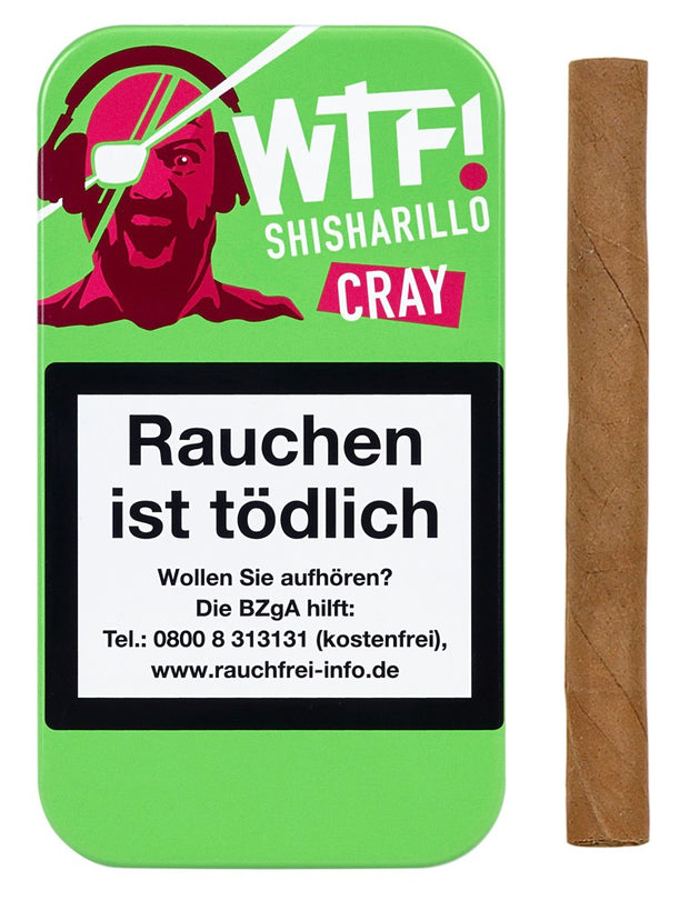 Geschlossene WTF! Shisharillo Cray Box mit grünem Design, daneben ein einzelner Shisharillo