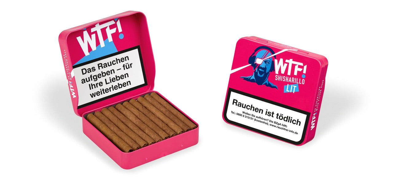 Zwei WTF! Shisharillo Lit 20er Boxen, eine geschlossen stehend, eine geöffnet und liegend mit sichtbaren Zigarillos