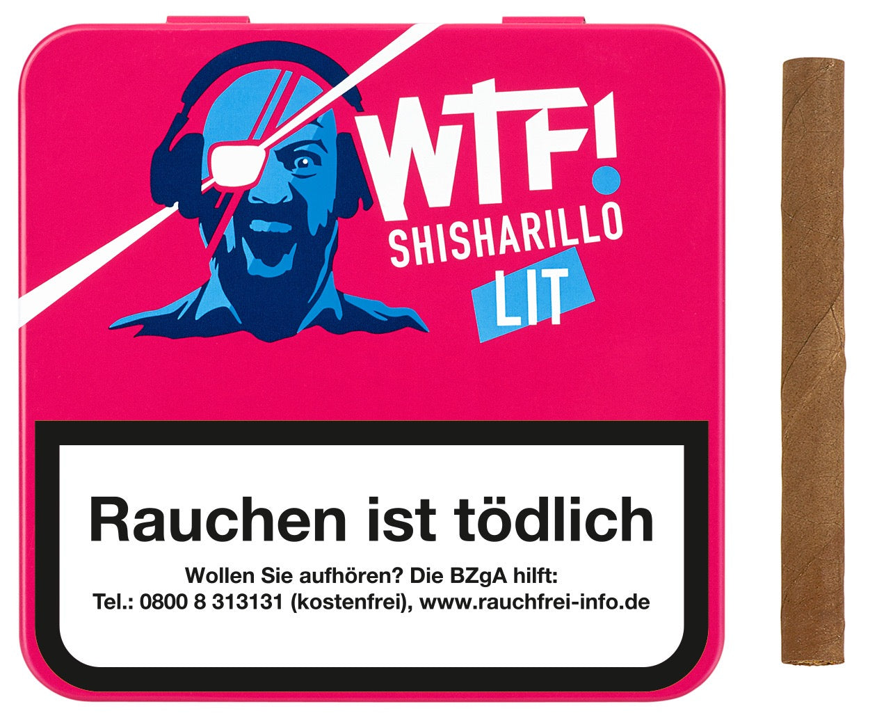 Geschlossene WTF! Shisharillo Lit 20er Box in Rot mit einem einzelnen Shisharillo daneben