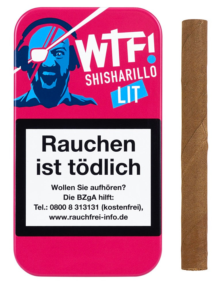 Geschlossene WTF! Shisharillo Lit 5er Box in Rot mit einem einzelnen Shisharillo daneben