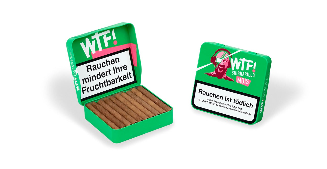 Zwei WTF! Shisharillo Mois 20er Boxen, eine stehend geschlossen, eine liegend geöffnet mit sichtbaren Shisharillos