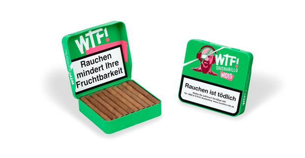 Zwei WTF! Shisharillo Mois 20er Boxen, eine stehend geschlossen, eine liegend geöffnet mit sichtbaren Shisharillos