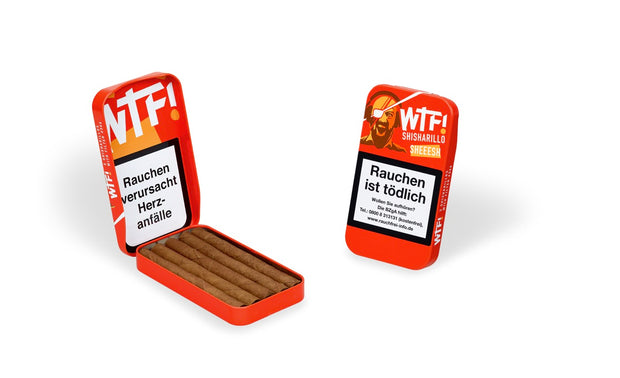 Zwei WTF! Shisharillo Sheeesh 5er Boxen, eine stehend geschlossen, eine liegend geöffnet mit Shisharillos sichtbar