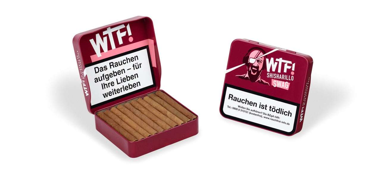 Zwei WTF! Shisharillo Swag 20er Boxen, eine stehend geschlossen, eine liegend geöffnet mit sichtbaren Shisharillos