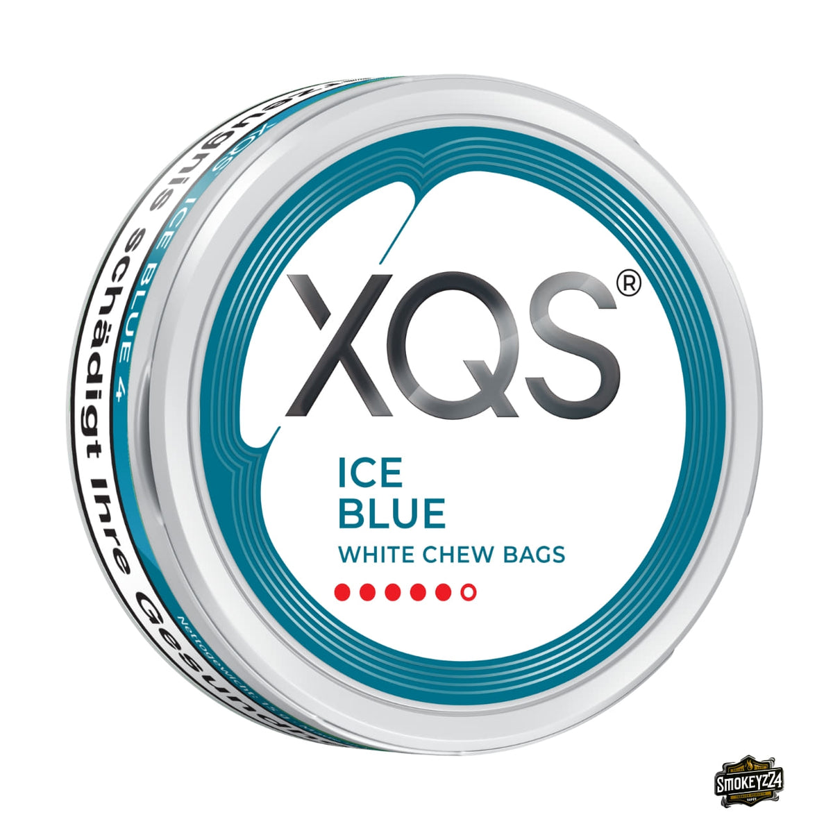 XQS Ice Blue 5 White Chew Bags, weiße Dose mit petrolfarbenem Ring und roter Stärkeanzeige, fünf von sechs