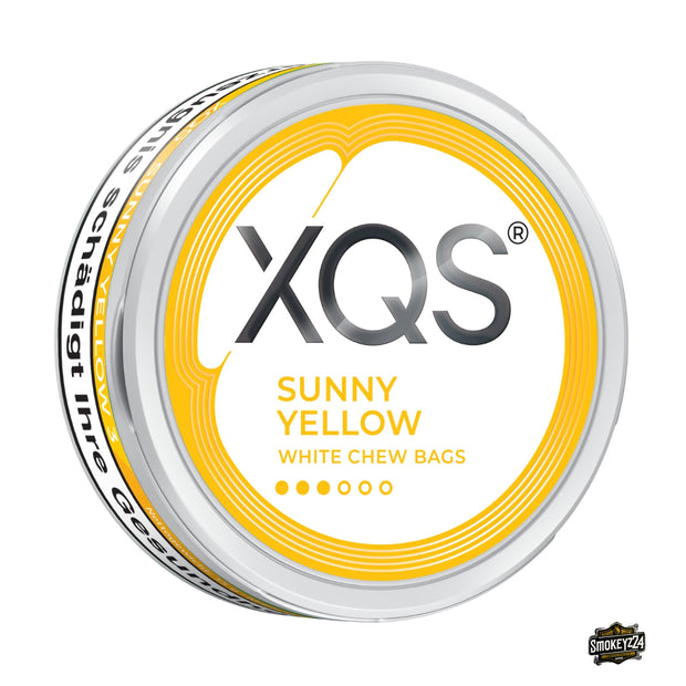 XQS Sunny Yellow 3 White Chew Bags, weiße Dose mit gelbem Ring, Stärkeanzeige drei von sechs