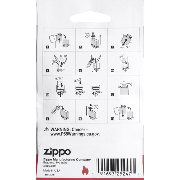Zippo Cotton & Felt Kit Ersatzset, Verpackung Rückseite mit Anleitung, Watte und Filz für Zippo Feuerzeuge